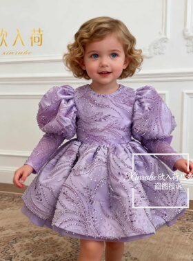 欣入荷紫色泡泡长袖刺绣亮片儿童礼服女宝宝公主裙生日周岁礼服潮