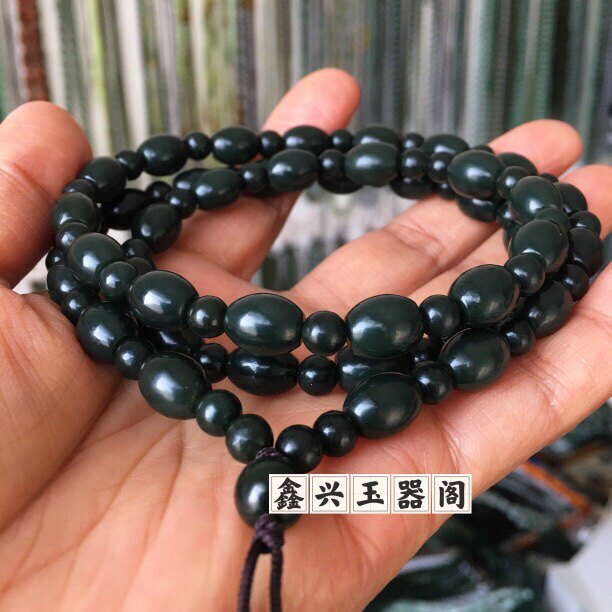 天然和田玉墨绿色米珠路路通珠链男女款8mm米粒珠满串吊坠绳链