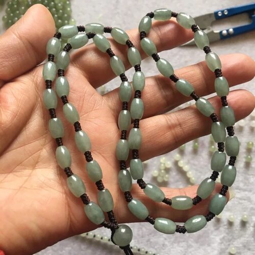 天然翡翠a货油青米珠路路通珠链吊坠绳链9×5.5mm周长63厘米
