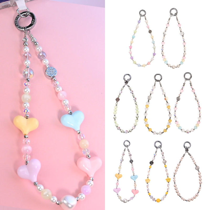 网红ins风串珠手机链珍珠彩虹屁桃爱心手机挂饰手腕挂绳钥匙挂饰