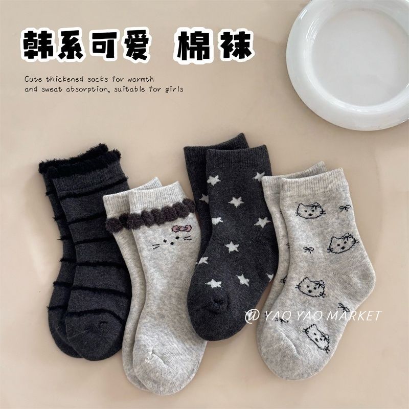 女童秋冬卡通猫咪棉袜4双装