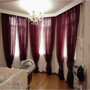 卧室书房落地窗酒红色麻纱透光窗纱成品窗帘纱帘免打孔魔术贴定制