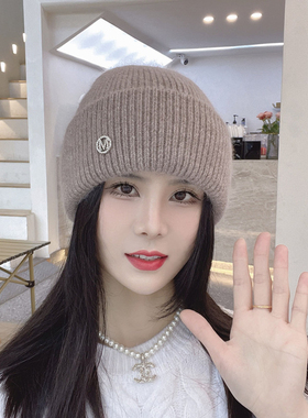 帽子女冬季兔毛时尚显脸小毛线帽保暖休闲大头围针织帽百搭冷帽潮