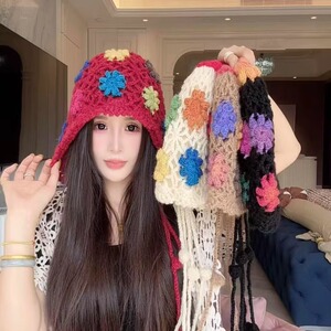 民族风双面戴花朵包头帽