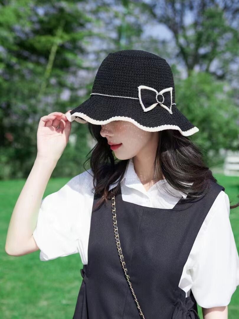 夏季出游透气荷叶边优雅气质妈妈帽百搭水钻蝴蝶结渔夫帽盆帽韩版