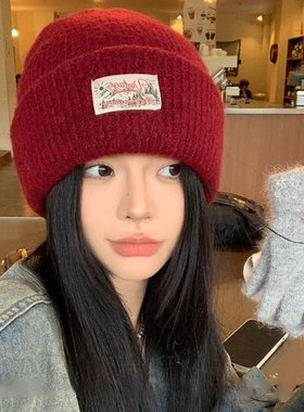 双层羊毛布标针织帽毛线帽子女针织帽秋冬季百搭大头围潮显脸小潮