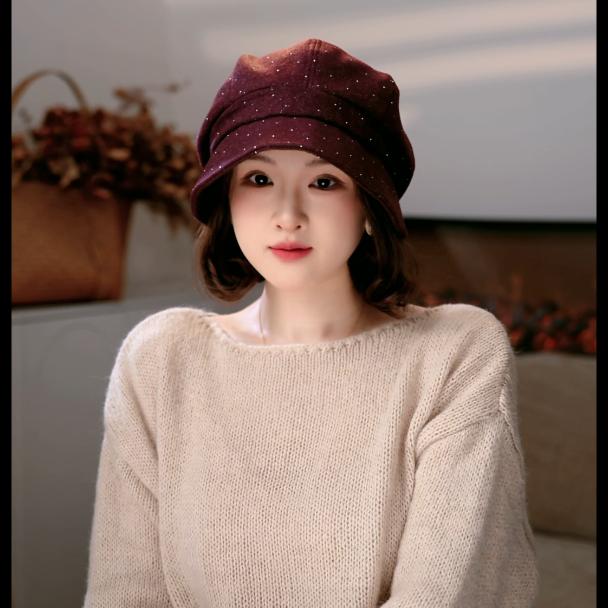 复古水钻八角帽女秋冬显脸小