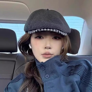 2025新款黑白格子时尚拼接前进帽大头围显脸小报童帽秋冬帽子女潮