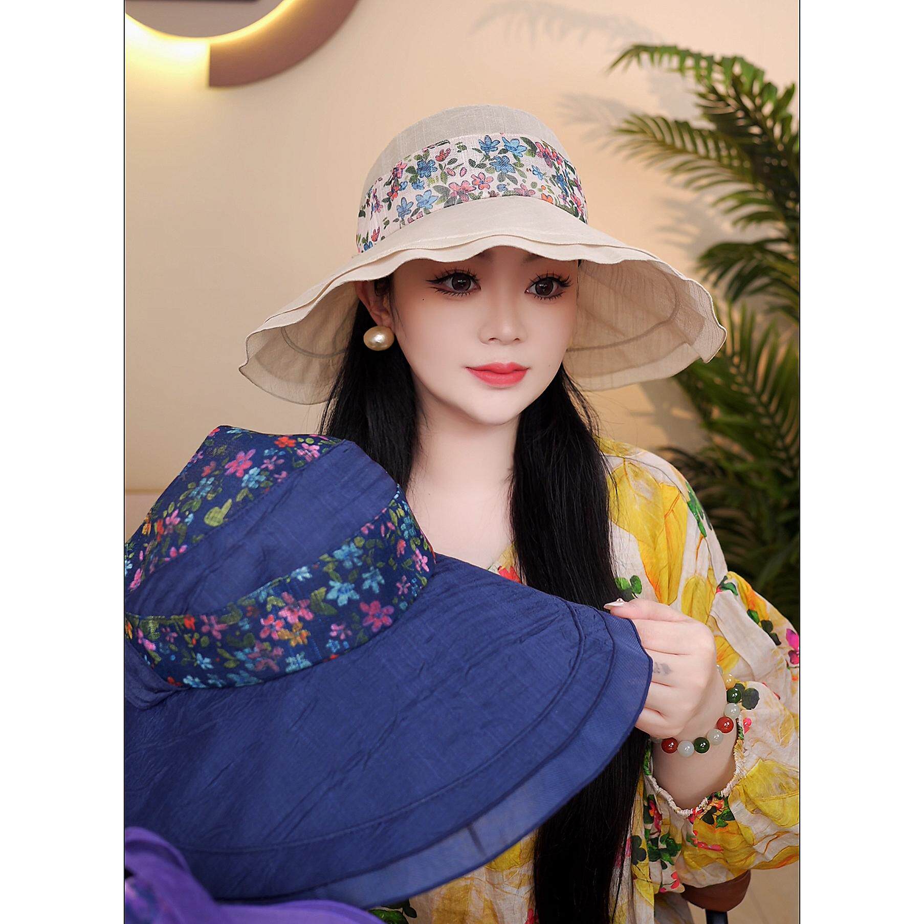 小碎花空顶大檐渔夫帽防晒可折叠