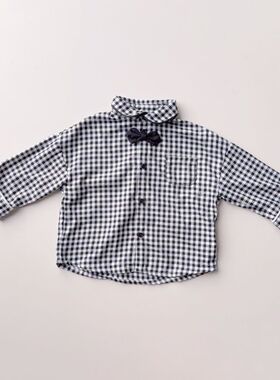 日单cottoli尾货80-110男童格子衬衫领结绅士帅气拍照衬衣