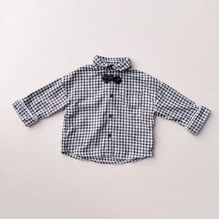 日单cottoli尾货80-110男童格子衬衫领结绅士帅气拍照衬衣
