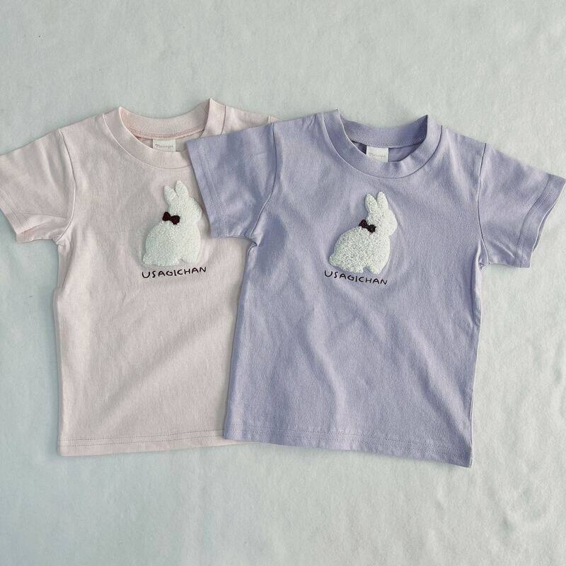 日系棉兔子绣花短袖T恤女童夏装圆领绣花卡通上衣外贸原单日单
