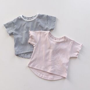 特价日单阿卡酱本铺70-90女宝宝纯棉短袖T恤条纹花边领上衣