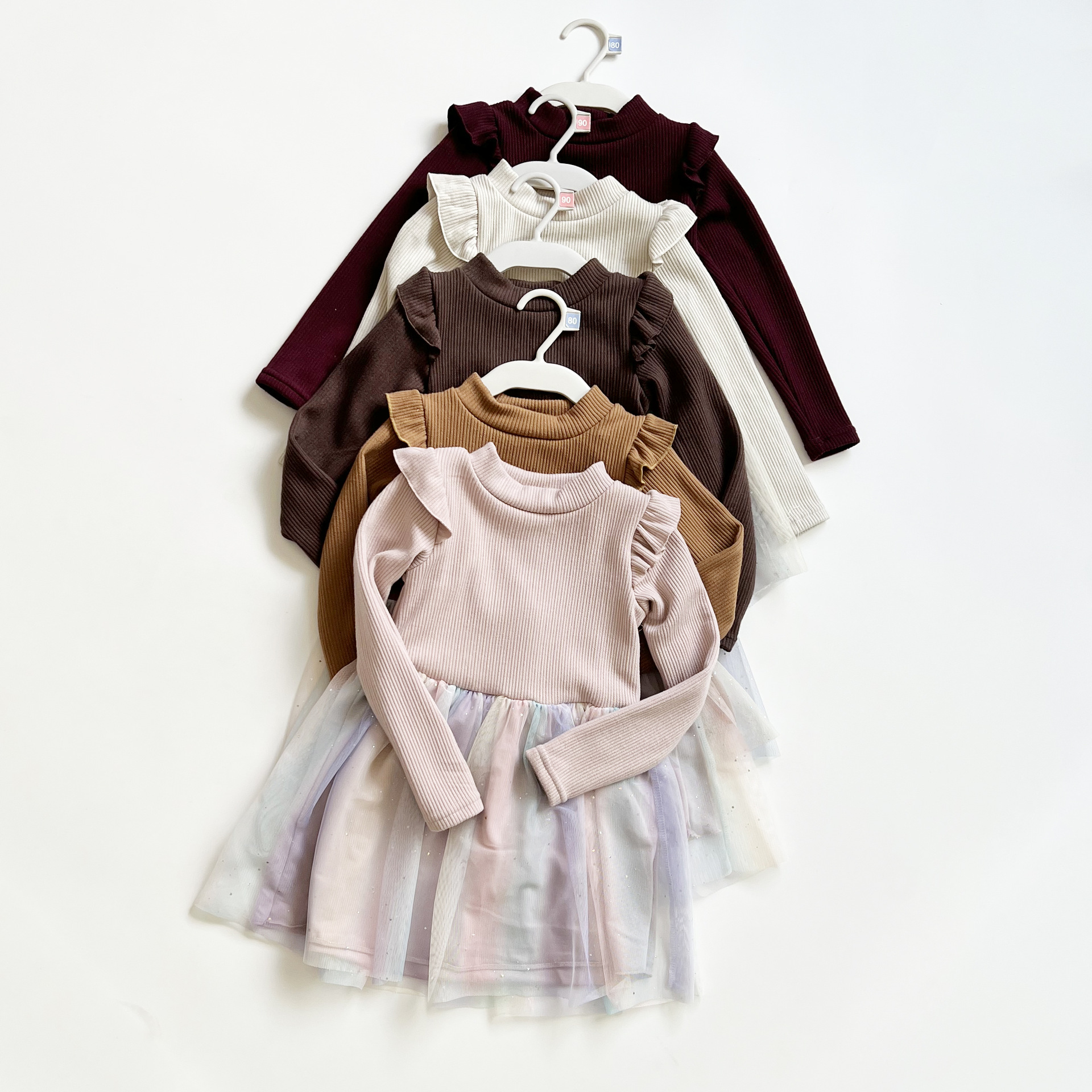 福利特价日系童装尾货110-130女孩加绒长袖连衣裙飞边彩虹纱裙子