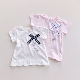 日单尾货Pupil House女童短袖T恤织带蝴蝶结波浪花边下摆90-130
