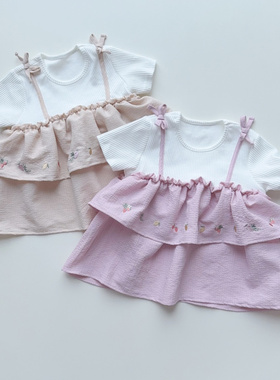 日系童装80-130女孩夏季螺纹短袖T恤吊带假两件刺绣小蝴蝶结上衣