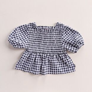 夏季女童140 150方领泡泡袖格子上衣短款黑白格打揽收腰娃娃衫