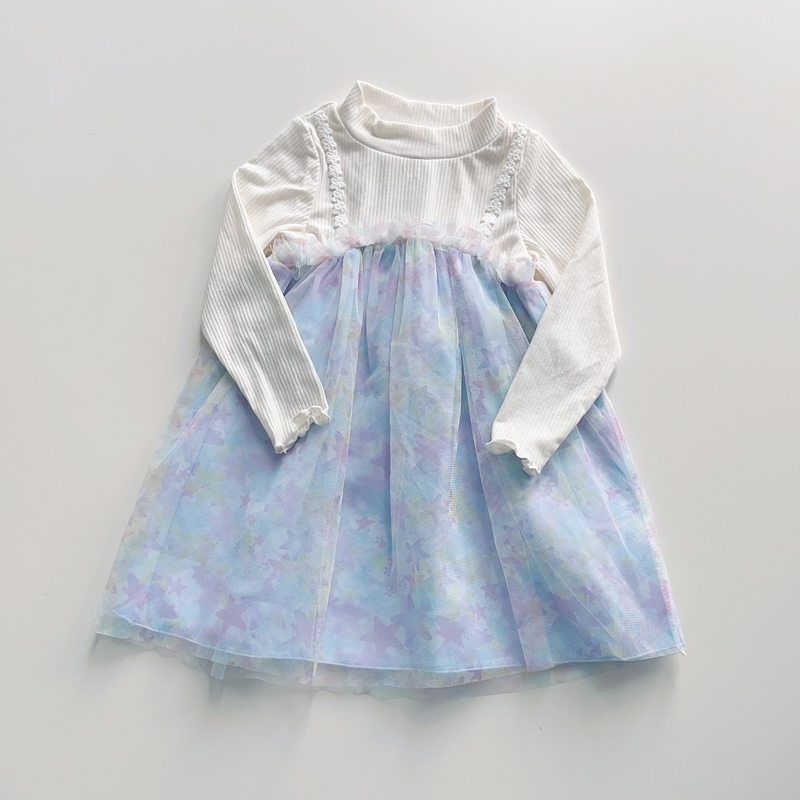 秋季新款日单童装尾货110-130女孩长袖连衣裙纱网蕾丝西松屋