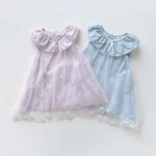 飞袖 花盆领刺绣连衣裙A字裙网纱甜美中小童 130女孩夏季 日单110