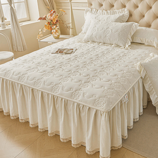 2025新款A类水洗棉夹棉床裙纯色加厚床罩三件套防滑床围裙套四季