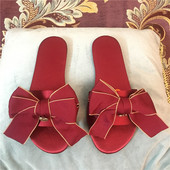 手作大红色双喜蝴蝶结婚礼拖鞋 拖鞋 晨袍新娘新郎拖鞋 结婚秋冬男款