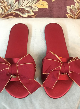 手作大红色双喜蝴蝶结婚礼拖鞋晨袍新娘新郎拖鞋结婚秋冬男款拖鞋