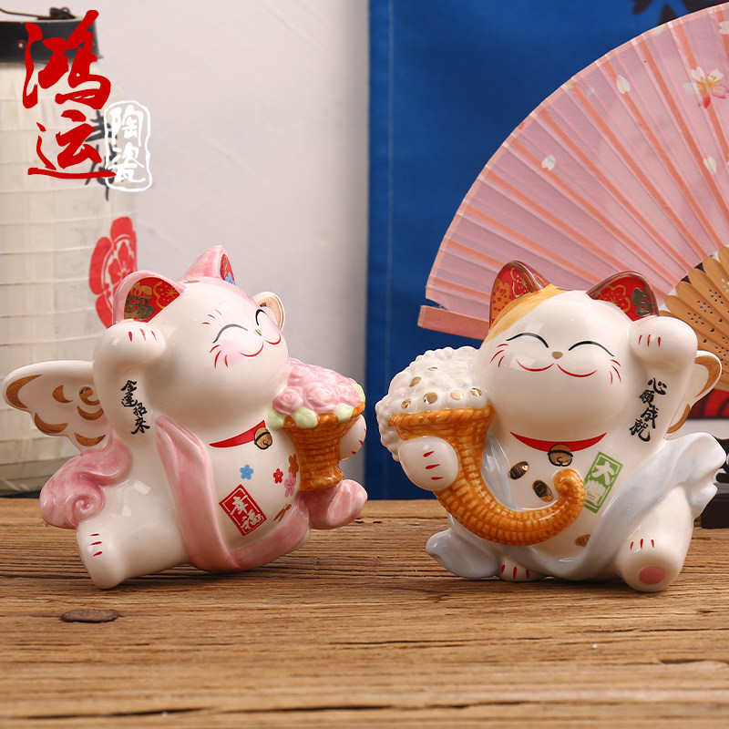 招财猫幸福天使摆件陶瓷创意礼品家居装饰客厅家用发财猫生日礼物
