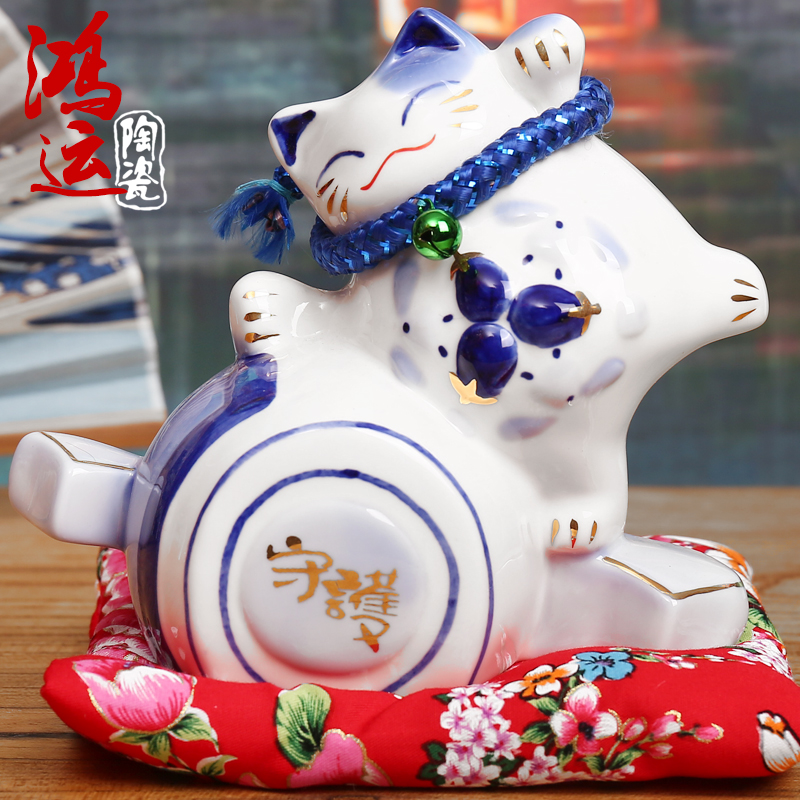 招财猫摆件青花瓷金运锣鼓 中号陶瓷日本存钱储蓄罐 店铺创意礼品