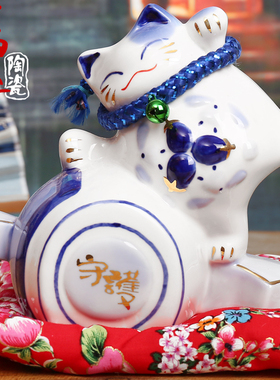 招财猫摆件青花瓷金运锣鼓 中号陶瓷日本存钱储蓄罐 店铺创意礼品