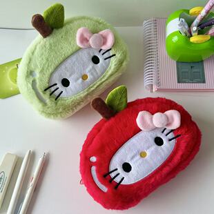 日系可爱新款苹果可爱小猫笔袋毛绒变装大文具袋高颜值收纳包jK女
