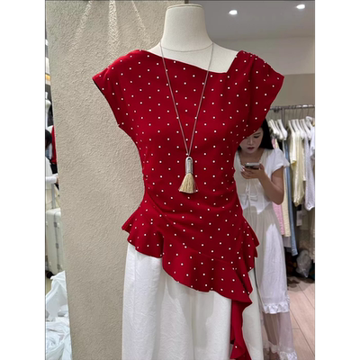 夏季韩版斜领红波点显瘦背心