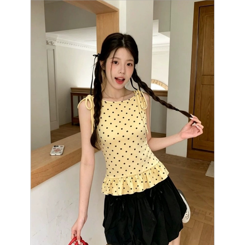 韩系波点绑带无袖吊带背心女夏季新款甜辣妹妹修身显瘦荷叶边上衣