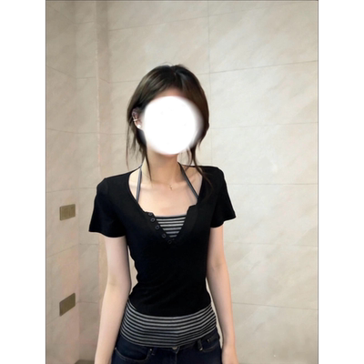 夏季撞色假两件V领挂脖T恤女