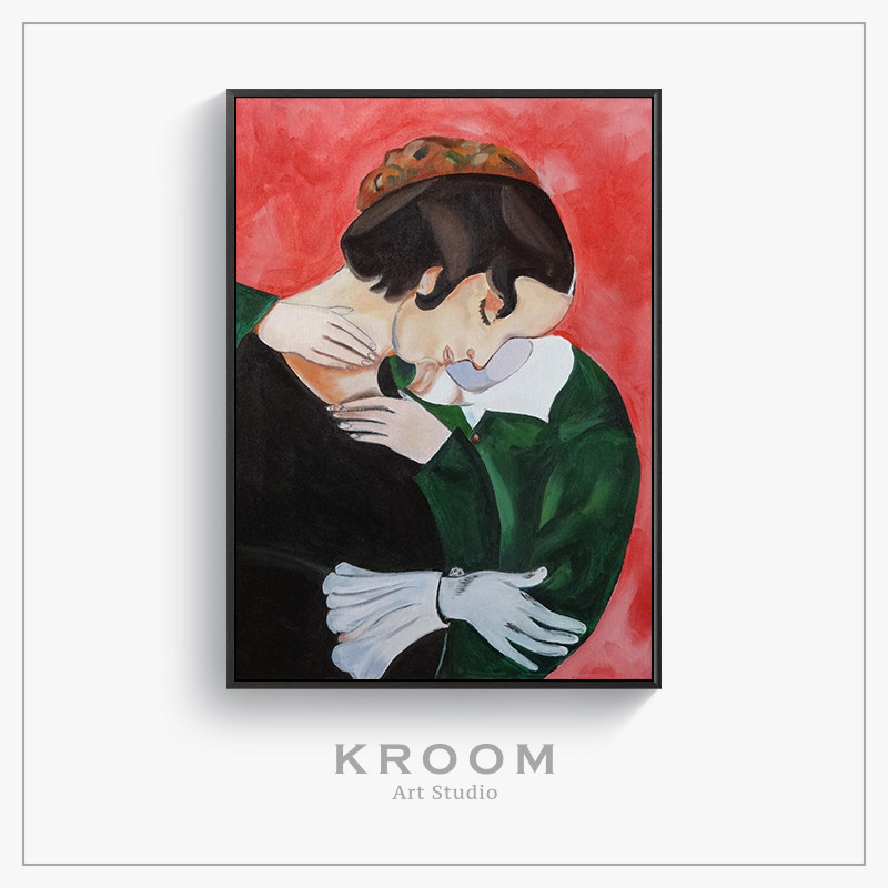 马克夏加尔marc chagall 粉色恋人拥抱浪漫爱情装饰画玄关无框画