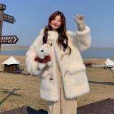 奶fufu米白色牛角扣连帽羊羔毛外套女冬学院风毛茸茸皮毛一体大衣，女装羊羔毛/颗粒绒，浙宝289