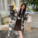 复古格纹圈圈呢子大衣女冬季2024新款设计感毛绒拼接长款毛呢外套，女装毛呢外套，浙宝289