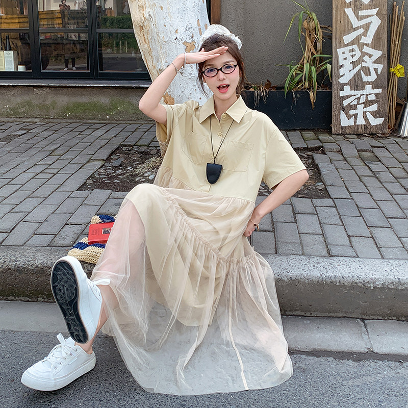 网纱拼接衬衫连衣裙女2025夏季新款韩系设计感宽松减龄慵懒风长裙,女装连衣裙,浙宝289