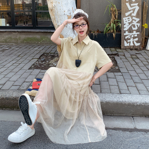 网纱拼接衬衫连衣裙女2025夏季新款韩系设计感宽松减龄慵懒风长裙图片