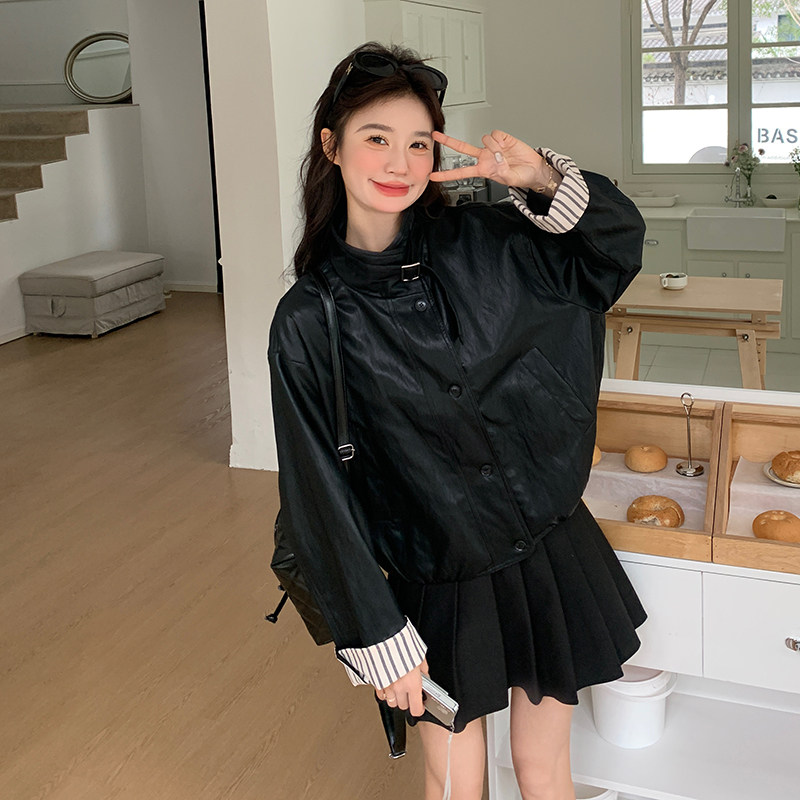 黑色PU皮衣外套女2025春季新款韩系复古设计感休闲小个子机车夹克,女装皮衣,浙宝289