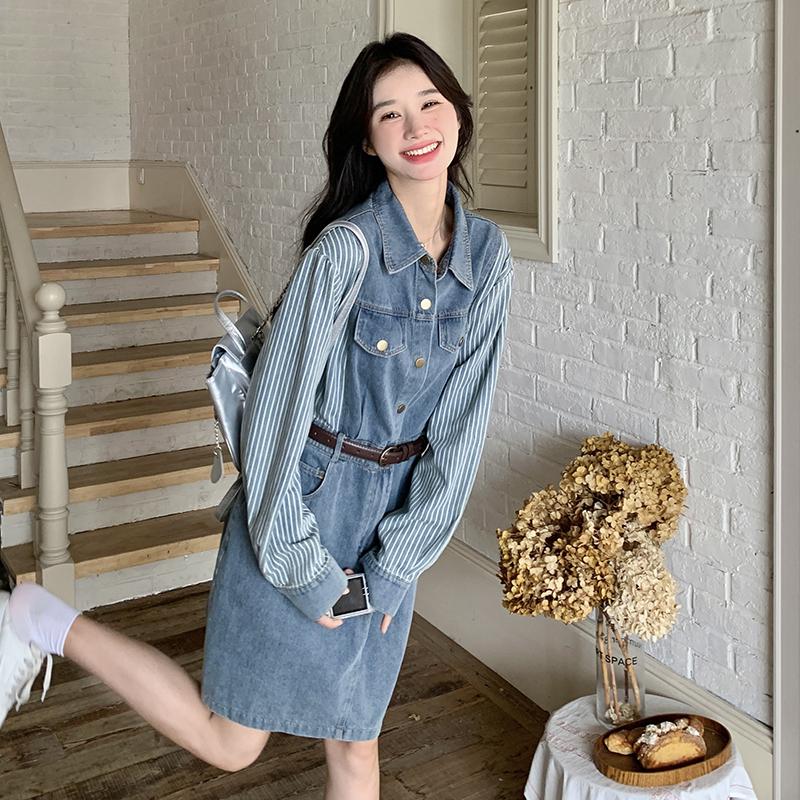 超火miu系条纹拼接牛仔连衣裙女春秋2025新款韩系chic高级感短裙，女装连衣裙，浙宝289