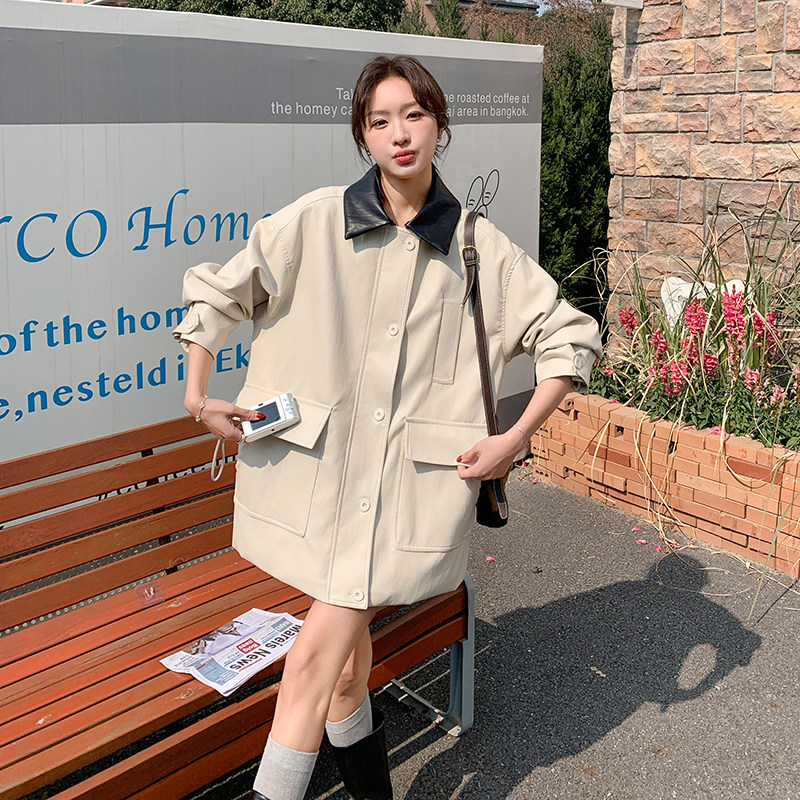 米白色休闲PU皮衣外套女2025春季新款韩系高级感洋气休闲夹克上衣,女装皮衣,浙宝289