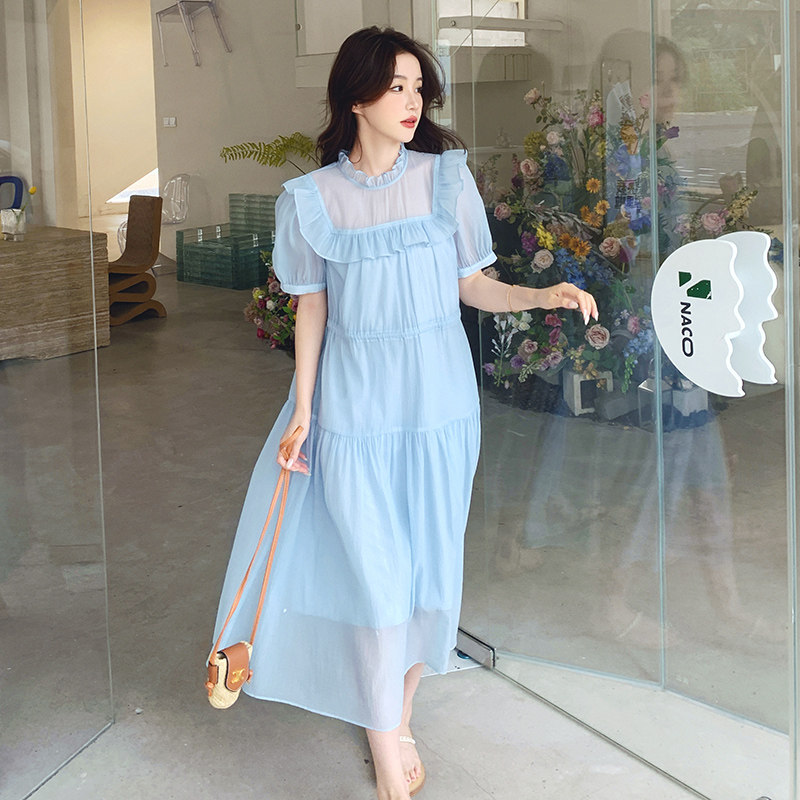 森系娃娃领仙女裙显瘦木耳边拼接设计可爱泡泡袖长裙2025夏季新款,女装连衣裙,浙宝289