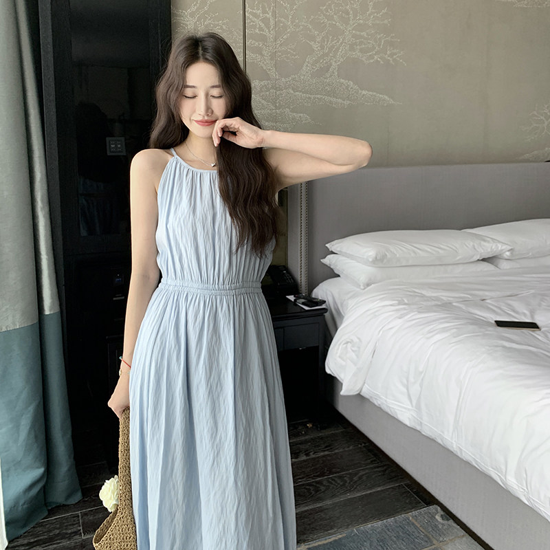 独特漂亮绝美蓝色无袖连衣裙女夏2025超火好看收腰背心长裙到脚踝,女装连衣裙,浙宝289