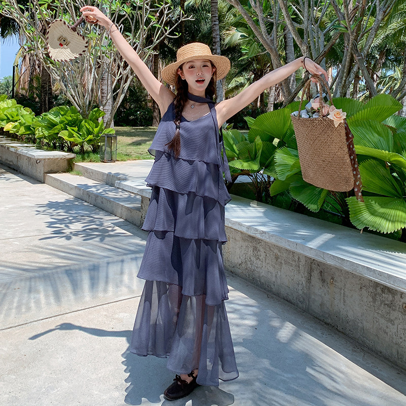 法式灰色清冷感薄纱连衣裙女夏2025新款轻熟绝美度假气质吊带长裙,女装连衣裙,浙宝289