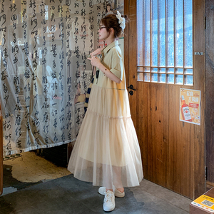 网纱拼接衬衫连衣裙女2025夏季新款韩系设计感宽松减龄慵懒风长裙图片