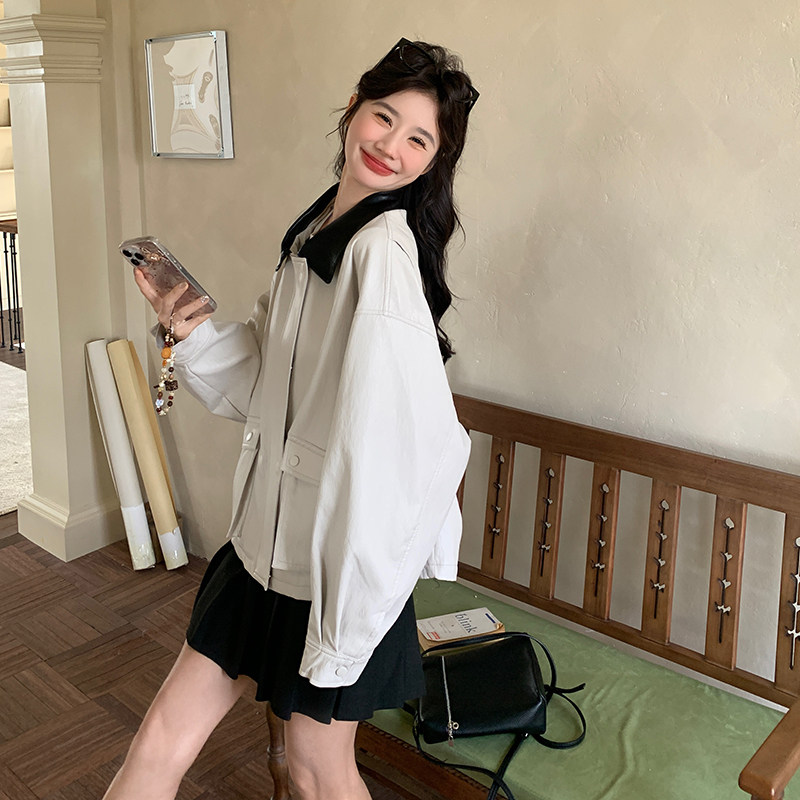 女厚款常规款翻领耐脏短款短外套显瘦休闲法式千金风春秋小个子,女装皮衣,浙宝289