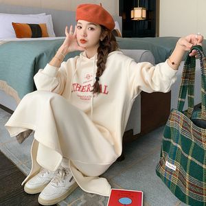 米色字母连帽中长款卫衣裙女宽松bf慵懒风休闲显瘦美式运动风连衣