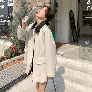 米白色休闲PU皮衣外套女2025春季新款韩系高级感洋气休闲夹克上衣图片