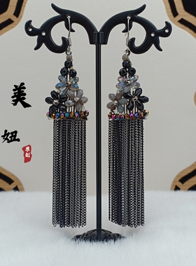 暗黑风手工人造水晶花朵流苏耳环女长款链条耳坠 复古民族风夸张