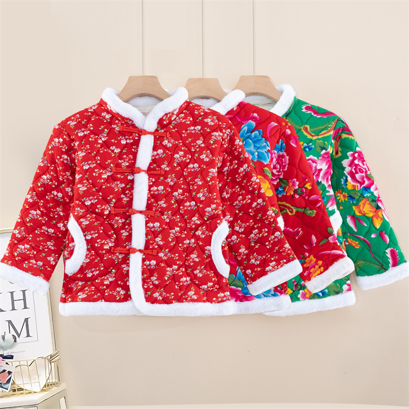 网红东北大花袄新中式女童碎花新款中国风复古外套儿童加绒加厚棉